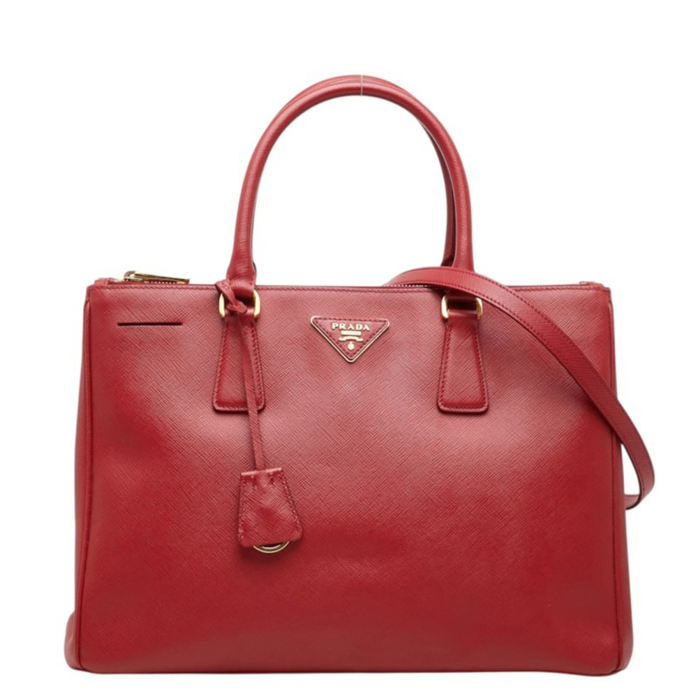 Prada Triangle Logo Plate Handbag/Shoulder Bag 2-Way Red Gold Saffiano Leathe...